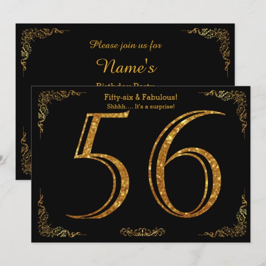 56th Birthday party, Gatsby styl, zwarte gouden gl Kaart (Voorkant / Achterkant)
