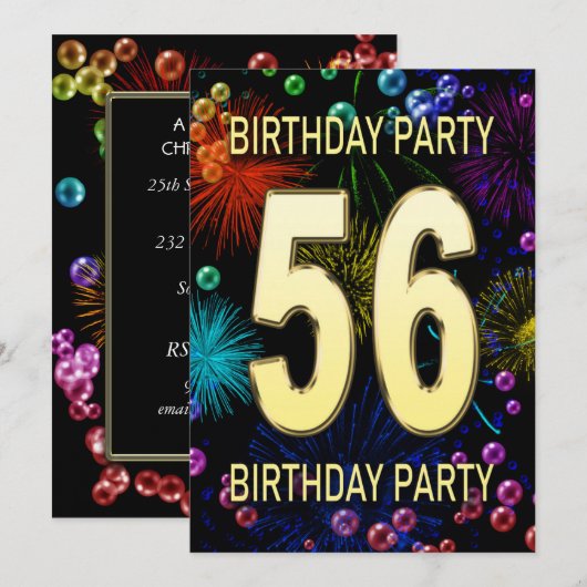 56th Birthday Party Invitation Fireworks Bubbles Kaart (Voorkant / Achterkant)