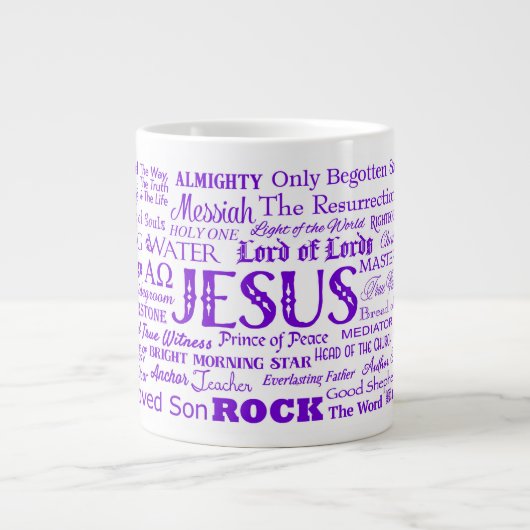 57 Namen van JESUS JUMBO Coffee Mok, Grape Text Grote Koffiekop (Voorkant)