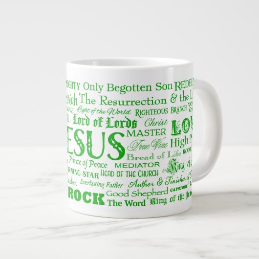 57 Namen van JESUS JUMBO Coffee Mok - GreenText (Voorkant rechts)