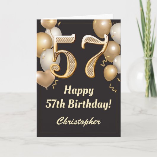 57e Birthday Black en Gold Balloons Confetti Kaart (Voorkant)