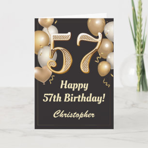 57e Birthday Black en Gold Balloons Confetti Kaart