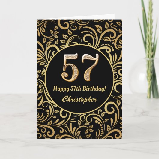 57e Birthday Black en Gold Floral Pattern Kaart (Voorkant)