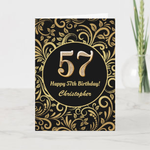 57e Birthday Black en Gold Floral Pattern Kaart