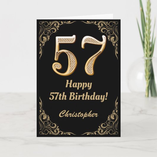 57e Birthday Black en Gold Glitter Lijst Kaart (Voorkant)