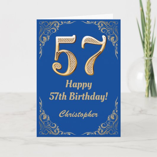 57e Birthday Blue en Gold Glitter Lijst Kaart (Voorkant)