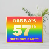 57e Birthday Party: Fun, kleurrijk regenboogpatroo Folie Uitnodiging (Staand Voorkant)