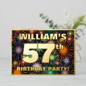 57e Birthday Party - Fun, kleurrijke Fireworks loo Folie Uitnodiging (Staand Voorkant)