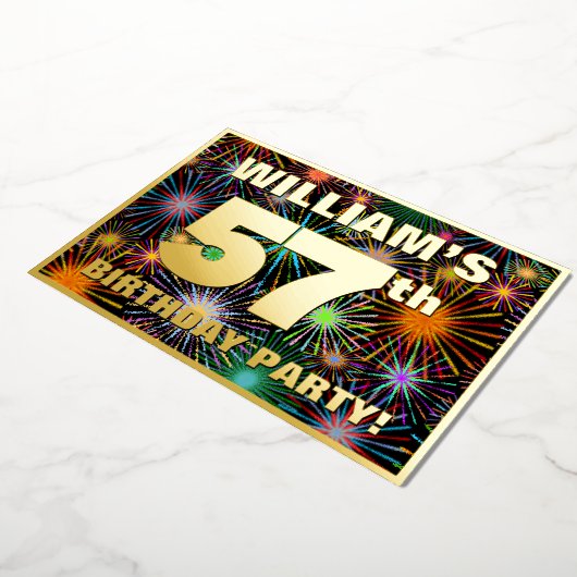 57e Birthday Party - Fun, kleurrijke Fireworks loo Folie Uitnodiging (Gedraaid)