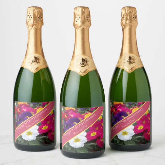 57e bruiloft Jubileum Kleurrijke Polyanthus Sparkling Wijnetiket (Flessen)
