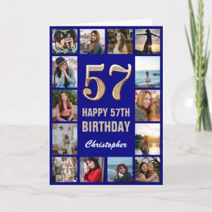 57e Happy Birthday Navy Blue & Gold Photo Collage Kaart