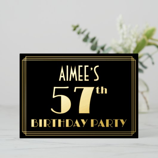 57e verjaardag: Art Deco Kijk "57", met naam Folie Uitnodiging (Staand Voorkant)
