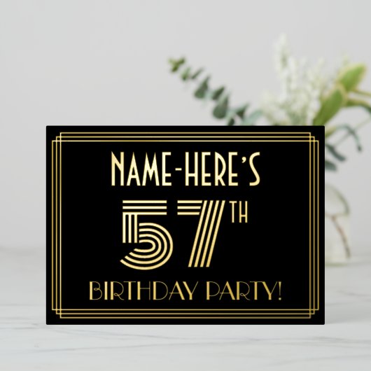 57e verjaardag — Art Deco Style "57" + Naam Folie Uitnodiging (Staand Voorkant)