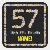 57e verjaardag: Floral Flowers Number, Custom Name Vierkante Sticker (Voorkant)