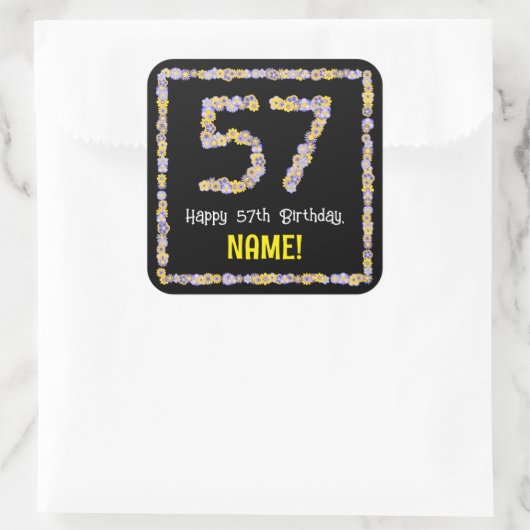 57e verjaardag: Floral Flowers Number, Custom Name Vierkante Sticker (Tas)