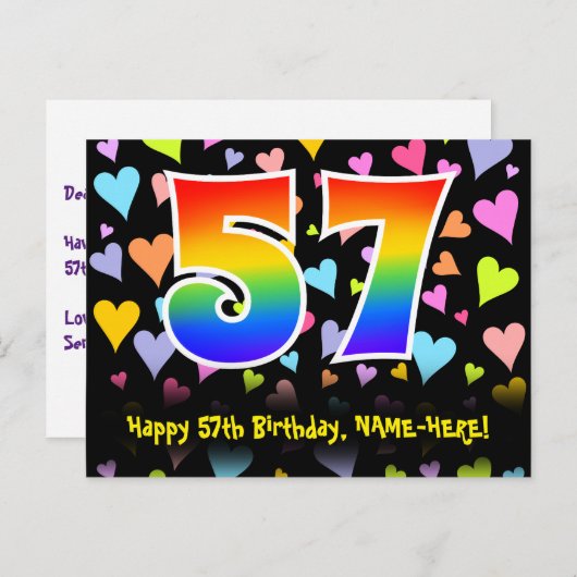 57e verjaardag: Fun Hearts Pattern, Regenboog 57 Briefkaart (Voorkant / Achterkant)