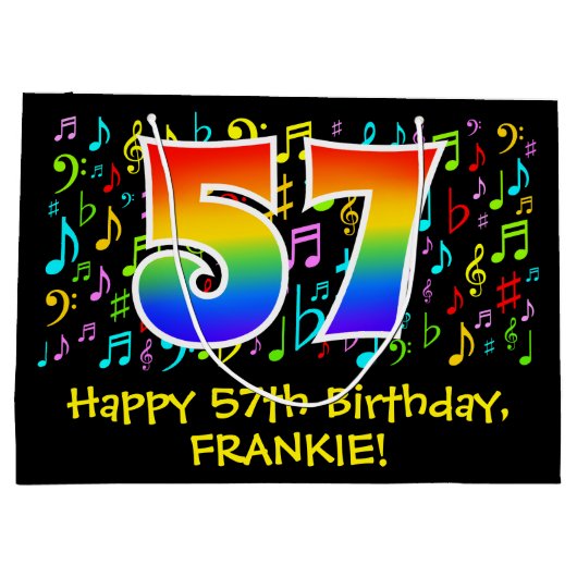 57e verjaardag - Kleurrijke muzieksymbolen, Rainbo Groot Cadeauzakje (Achterkant)