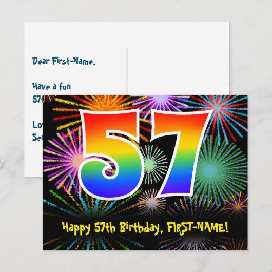 57e verjaardag - Leuk vuurwerkpatroon + Regenboog  Briefkaart (Voorkant / Achterkant)