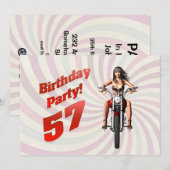 57e verjaardag met een meisje op een motorfiets kaart (Voorkant / Achterkant)