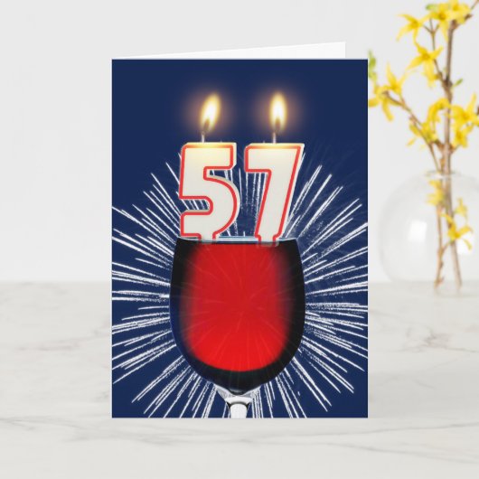 57e verjaardag met wijn en kaarsen kaart (Gele Bloem)