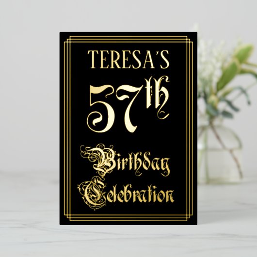 57e verjaardag Partij — Fancy Manuscript & de Naam Folie Uitnodiging (Staand Voorkant)