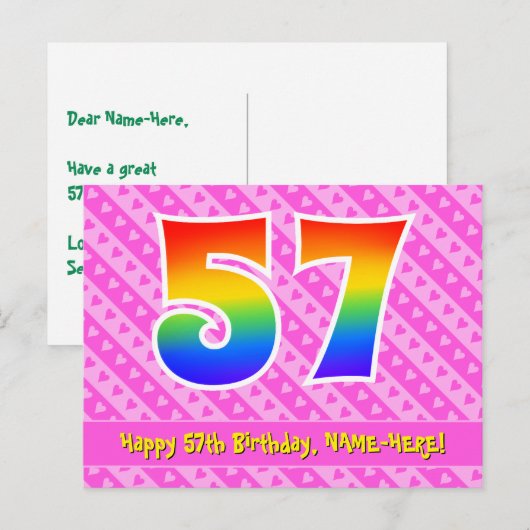 57e verjaardag: Pink Stripes & Hearts, Rainbow 57 Briefkaart (Voorkant / Achterkant)