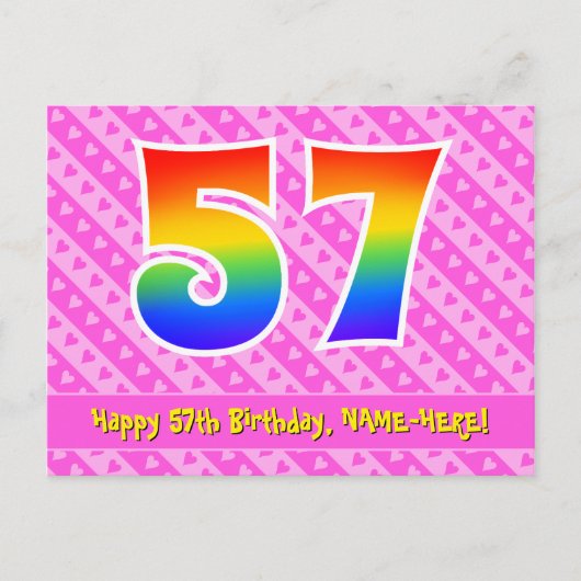 57e verjaardag: Pink Stripes & Hearts, Rainbow 57 Briefkaart (Voorkant)