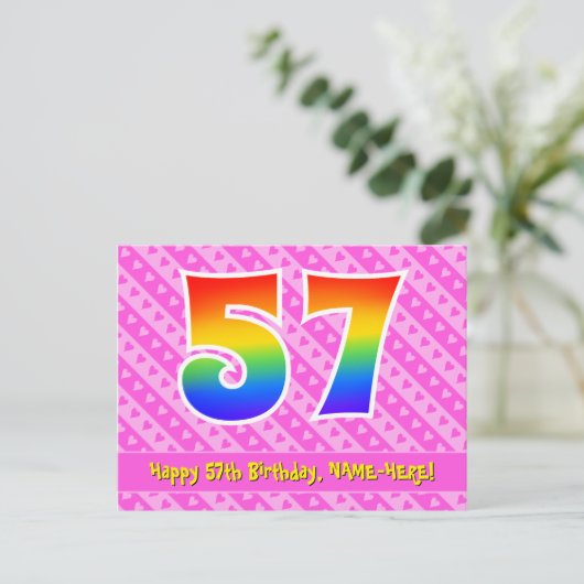 57e verjaardag: Pink Stripes & Hearts, Rainbow 57 Briefkaart (Staand voorkant)