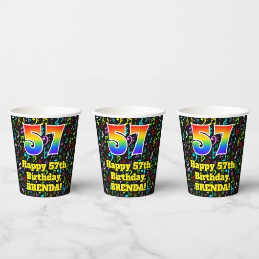 57e Verjaardag: Plezier Muzieknoten Patroon, Regen Papieren Bekers (Multi)