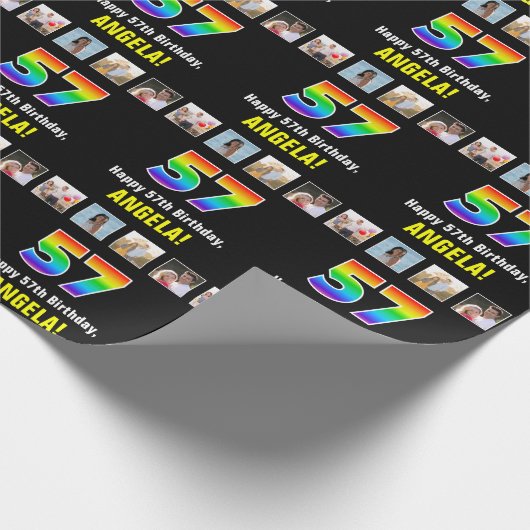 57e verjaardag: Regenboog "57"; Aangepaste foto's Cadeaupapier (Hoek)
