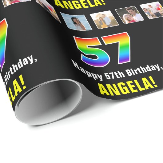57e verjaardag: Regenboog "57"; Aangepaste foto's  Cadeaupapier (Rol Hoek)