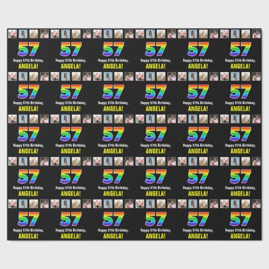 57e verjaardag: Regenboog "57"; Aangepaste foto's Cadeaupapier (Zoom)