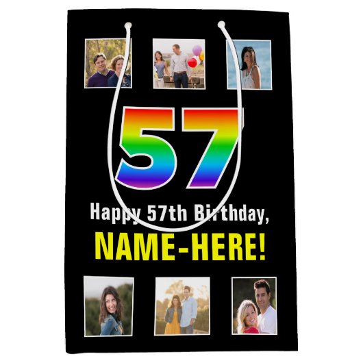 57e verjaardag: Regenboog "57", aangepaste foto's  Medium Cadeauzakje (Voorkant)