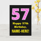 57e verjaardag: Roze strepen en hart "57" + naam Kaart (Gele Bloem)