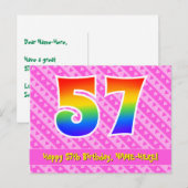 57e verjaardag: roze strepen & harten, regenboog 5 briefkaart (Voorkant / Achterkant)