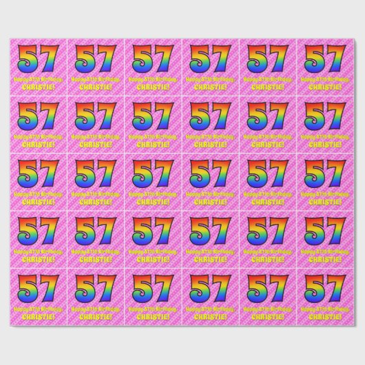 57e verjaardag: roze strips & harten, regenboognr. cadeaupapier (Vlak)