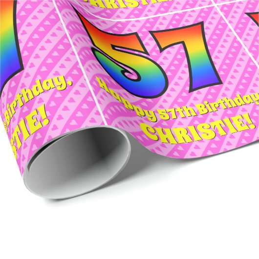 57e verjaardag: roze strips & harten, regenboognr. cadeaupapier (Rol Hoek)