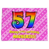 57e verjaardag: roze strips & harten, regenboognr. groot cadeauzakje (Voorkant)
