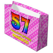 57e verjaardag: roze strips & harten, regenboognr. groot cadeauzakje (Voorkant Gekanteld)