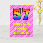 57e verjaardag: roze strips & harten, regenboognr. kaart (Gele Bloem)