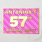 57e verjaardag — vuurroze harten en strips folie uitnodiging (Voorkant)