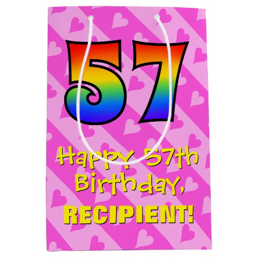 57e verjaardag: vuurroze kunststaven; regenboog 57 medium cadeauzakje (Voorkant)