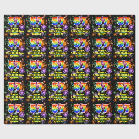 57e verjaardag: vuurwerk, regenboogblik # "57" cadeaupapier (Vlak)