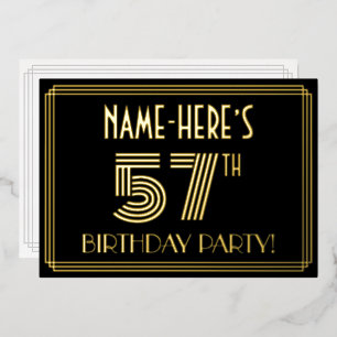 57e verjaardagsfeest — Art Deco-stijl “57” + naam Folie Uitnodiging