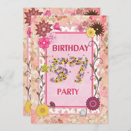 57e verjaardagsfeest met bloemenfeest lijst kaart (Voorkant / Achterkant)