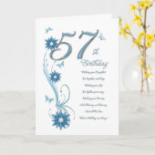 57ste verjaardag in blauwgroen met bloemen en vlin kaart (Gele Bloem)