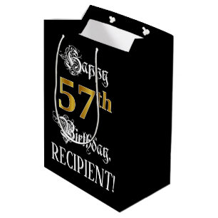 57th Birthday ~ Fancy Script; Faux Gold Look; Name Medium Cadeauzakje