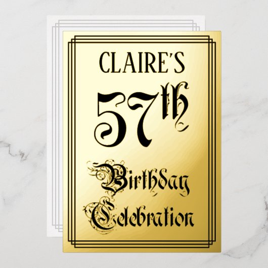 57th Birthday Party — Elegant Script + aangepaste Folie Uitnodiging (Voorkant / Achterkant)