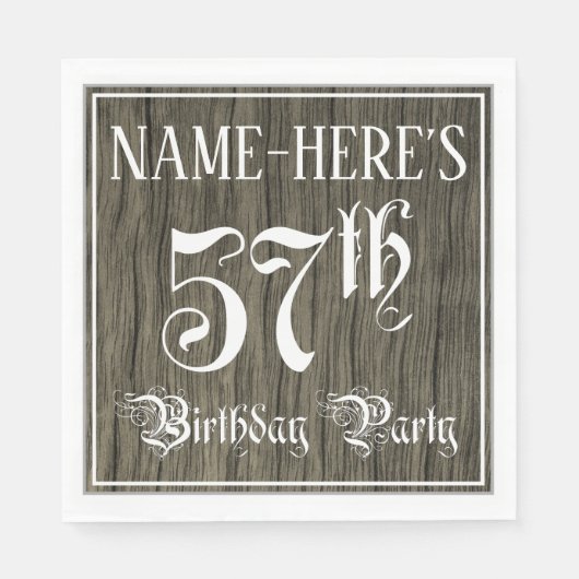 57th Birthday Party — Fancy script, Faux Wood Kijk Servet (Voorkant)