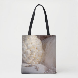 5882-Trouwboeket, ringen, kruis, sluier Tote Bag